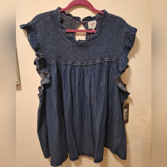Denim Blue Smocked Ruffle Top 3x - Picture 1 of 6